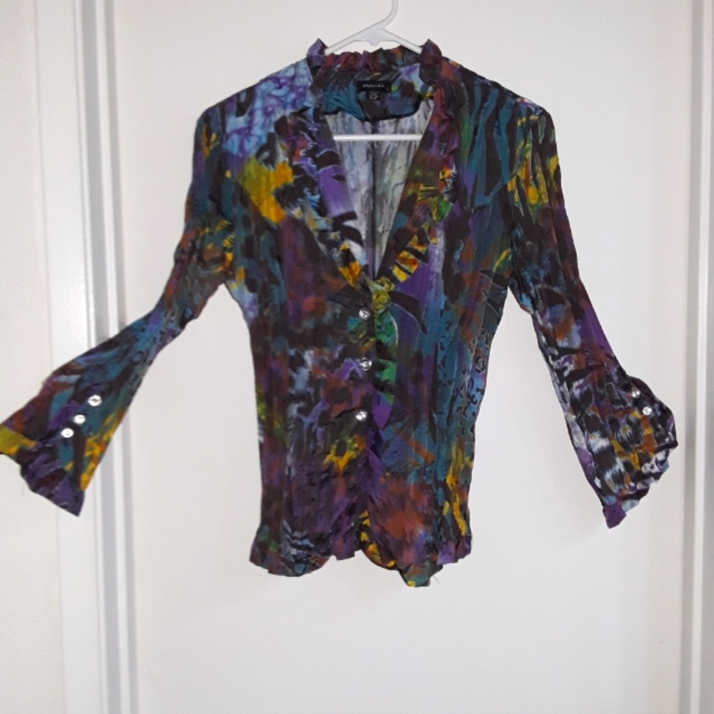 Plano Multi Zebra Ruffle Blouse, Size S